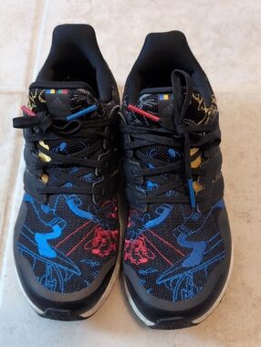 adidas Kids Black Sneakers with Blue Red and Yellow Accents